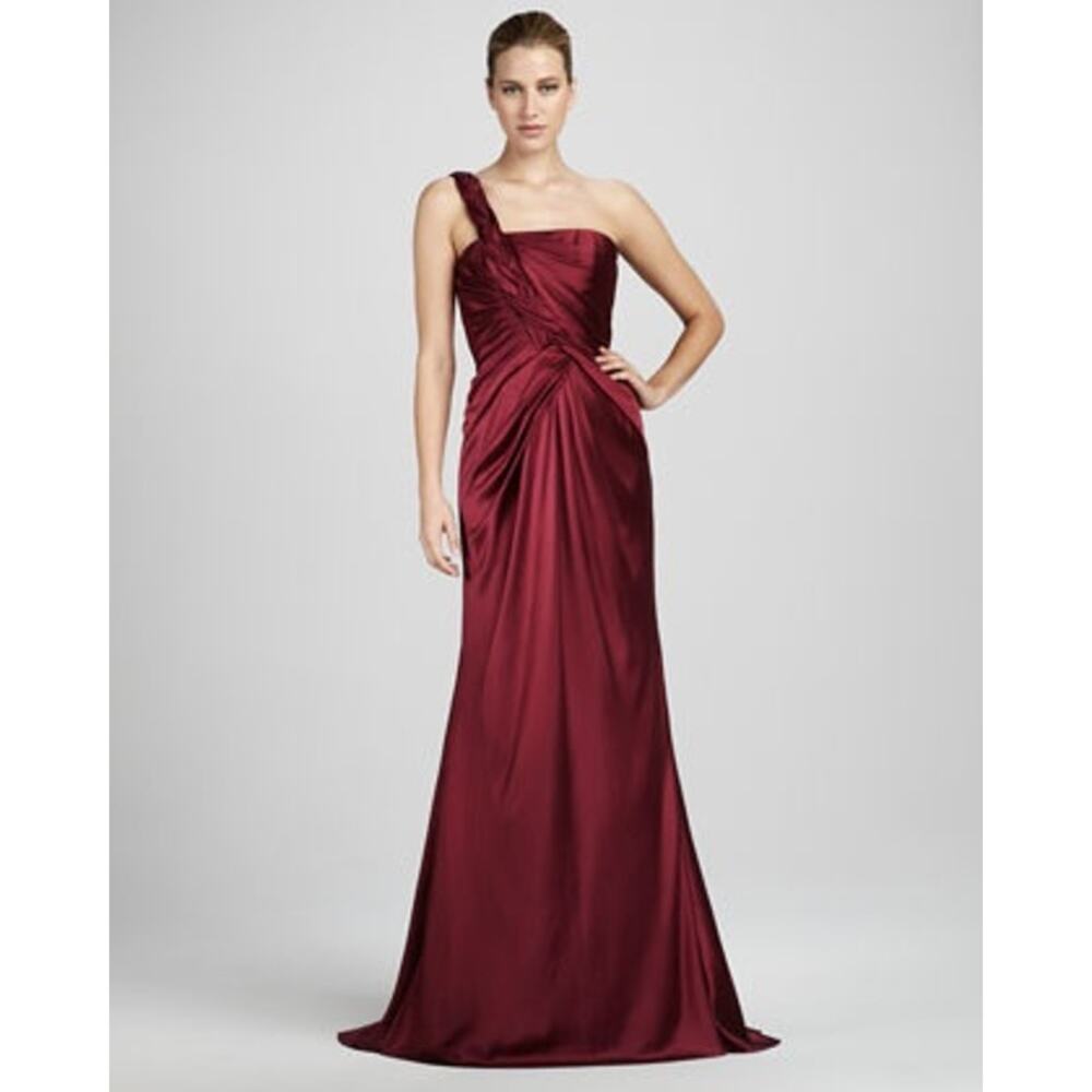 Carmen Marc Valvo Collection One Shoulder Braided Silk Satin Pleated Gown, Plum